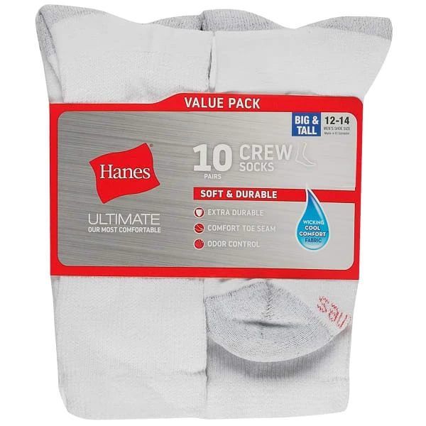 HANES Men's Ultimate Big & Tall Crew Socks, 10-Pack 2 HANES Men's Ultimate Big & Tall Crew Socks, 10-Pack - Image 2